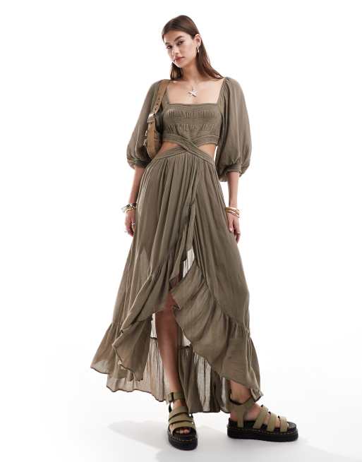 Free People taupe balloon sleeve maxi dress with side cut outs