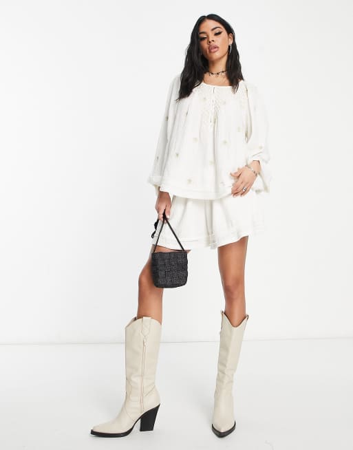 Free People textured embroidered co-ord blouse and short set in ivory