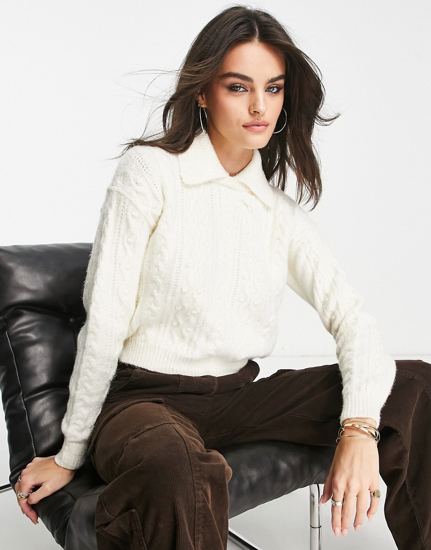 Free People textured knitted sweater with collar in ivory-White