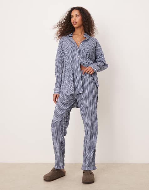 Free People textured pyjama trouser co-ord in navy - view 1