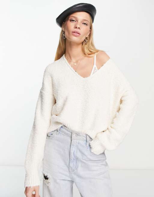 Free People Theo V Neck sweater in cream | ASOS