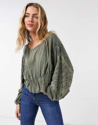 Free People Throwback Embroidered Volume Sleeve Top In Green