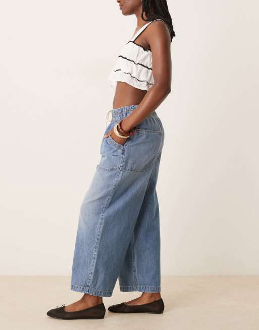 Free People tie-detail barrel leg pull-on jeans in mid wash blue, 3 of 5