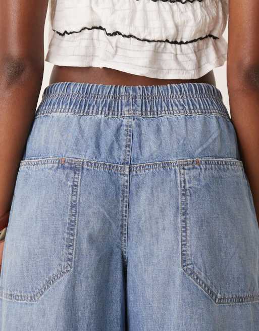 Free People tie-detail barrel leg pull-on jeans in mid wash blue, 4 of 5