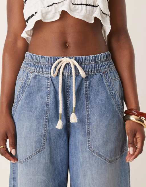 Free People tie-detail barrel leg pull-on jeans in mid wash blue, 5 of 5
