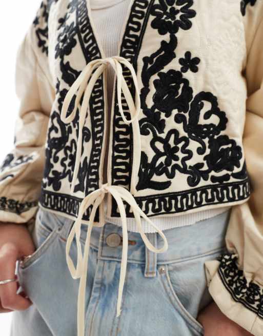 Free People tie detail embroidered crop jacket in ecru, 2 of 4
