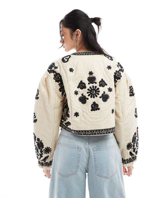 Free People tie detail embroidered crop jacket in ecru, 3 of 4