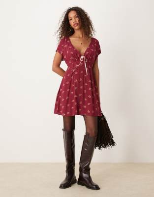 tie-detail mini tea dress in raspberry-Red