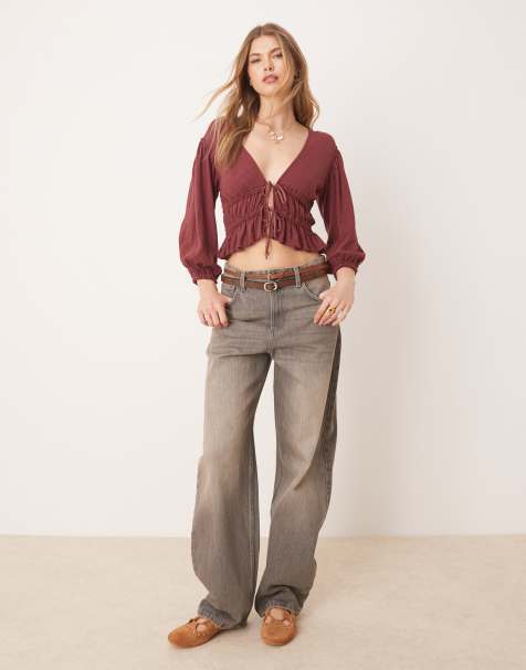 Free People tie-front jersey blouse in red bark