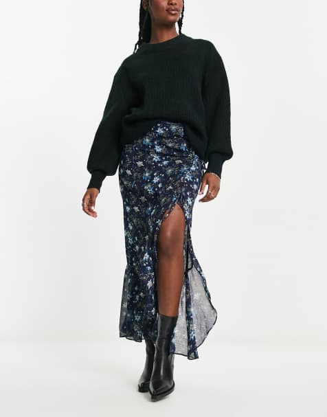 Free People tie-side detail floral print boho maxi skirt in ink blue - view 1