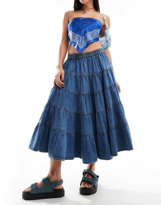 Free People tiered chambray midi skirt in blue