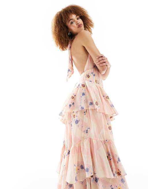 Free People tiered floral print halter midaxi dress in light pink