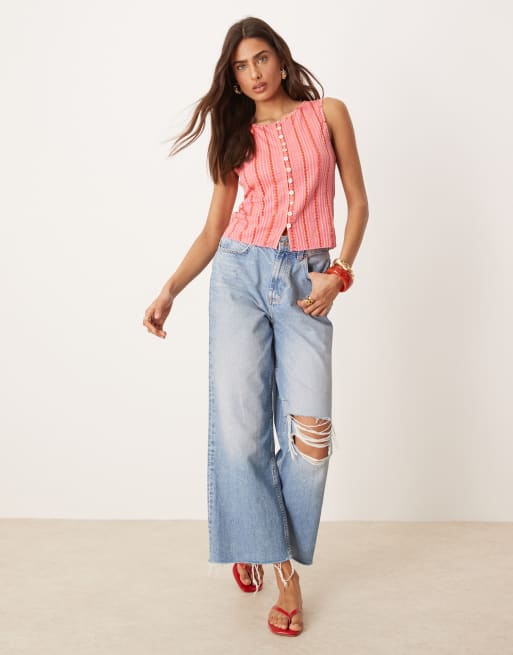 Free People - Tilly - Geribbeld hemdje met knoopsluiting en print in roze