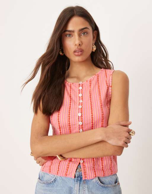Free People - Tilly - Geribbeld hemdje met knoopsluiting en print in roze, 2 van 4