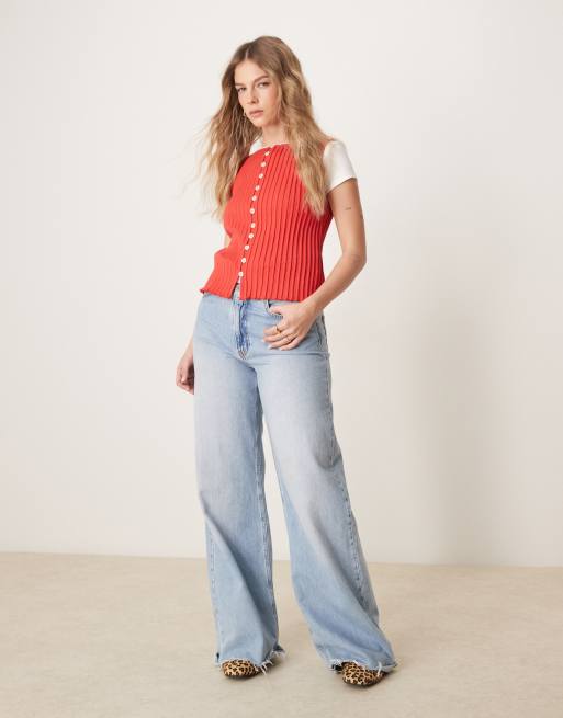 Free People – Tilly – Geripptes Trägertop in Tomatenrot mit Knopfleiste, 3 von 4