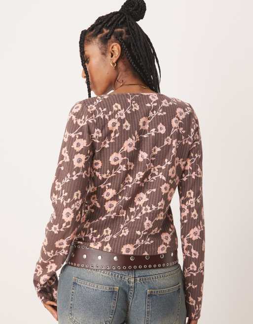 Free People tilly long sleeve printed top in french chocolate floral, 4 of 4