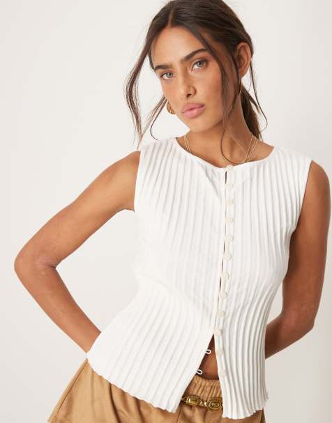 Free People Tilly ribbed button through singlet in ivory - view 1
