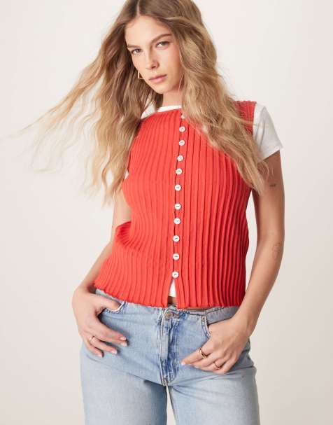 Free People tilly ribbed button through vest in tomato