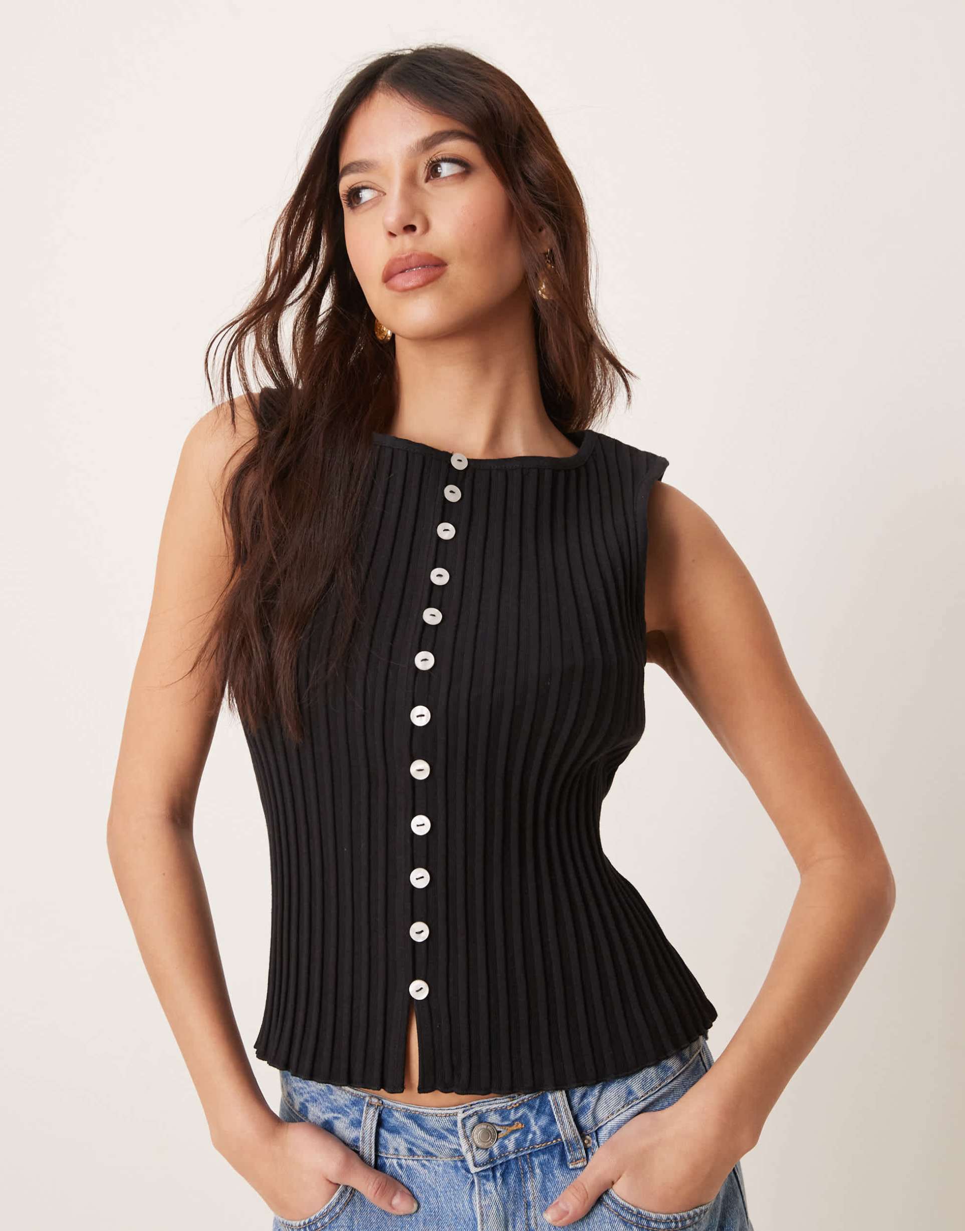 free people tilly ribbed button up vest in black