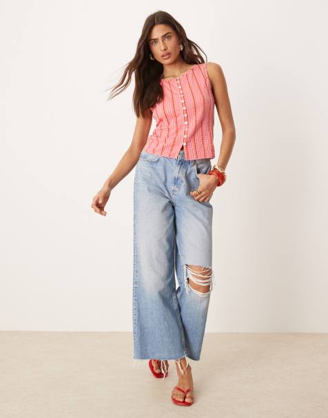 Free People – Tilly – Trägertop in Kirschrot mit Print und Knopfleiste - view 1