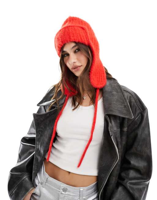 Free People timber fuzzy knit trapper hat in red | ASOS