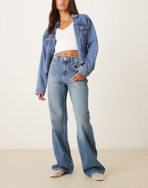 Free People tinsley baggy high rise straight leg in mid wash blue