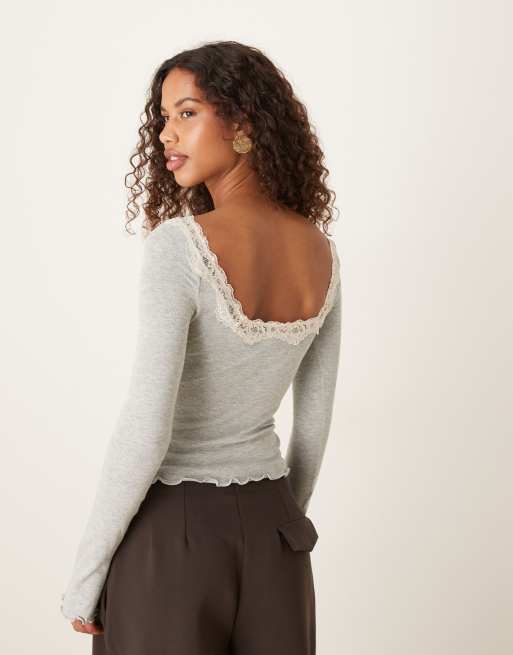 Free People - Top à manches longues et bord en dentelle - Gris, 4 de 4