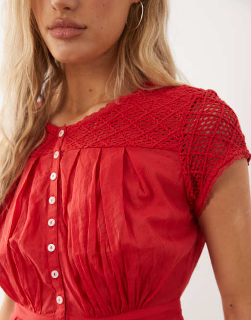 Free People - Top a maniche corte rosso ricamato con bottoni, 3 di 4
