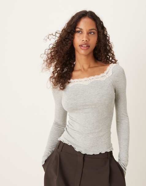 Free People - Top met kanten rand en lange mouwen in grijs - view 1