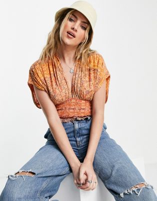 Free People top with shirring in bright paisley - ASOS Price Checker
