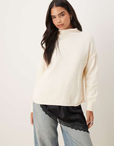 Free People torres roll neck slouchy jumper in off-white