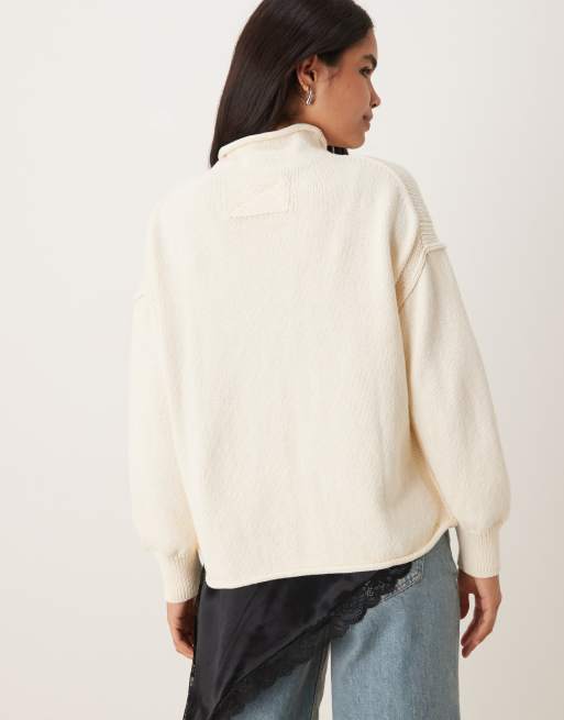 Free People Torres roll neck slouchy jumper in off white, 4 of 4