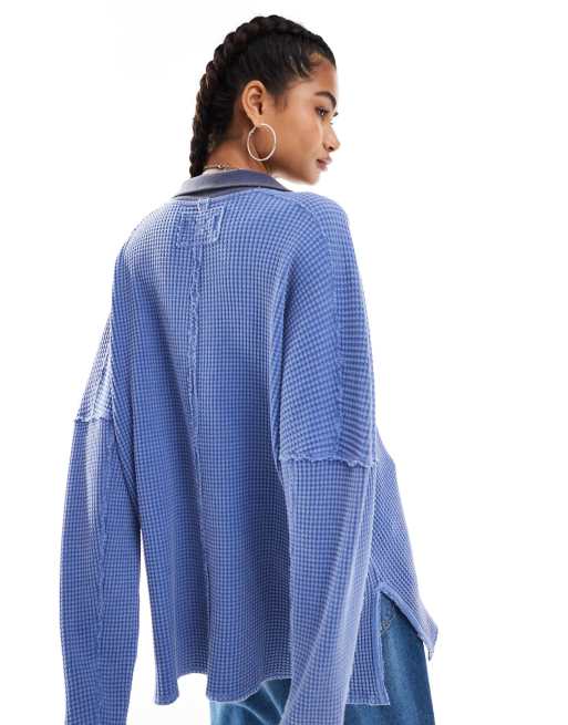 Free People - Travis - Camicia oversize a nido d'ape blu olandese, 2 di 4