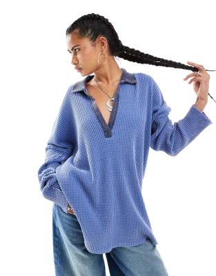 Free People Free People travis waffle oversized polo shirt in dutch blue