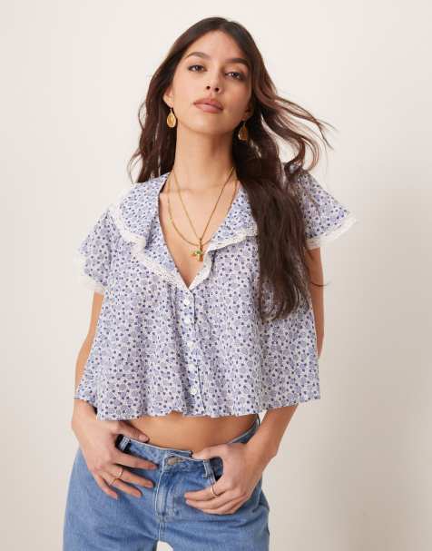 Free People truly yours ditsy print cropped blouse in baby blue - view 1