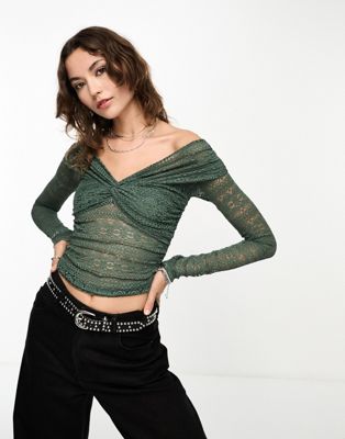 Free People twist front lace long sleeve top in pine green - ASOS Price Checker