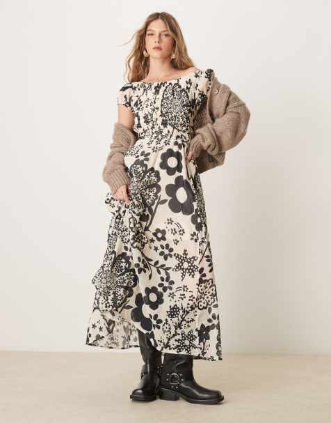 Free People - Ultraviolet - Robe longueur mollet à fleurs avec buste froncé - Noir et blanc - view 1