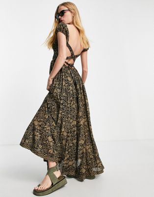 Free People ultraviolet shirred detail maxi dress in black and tan