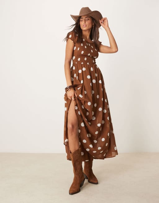 Free People - Ultraviolet - Vestito al polpaccio con busto arricciato color rovere a pois