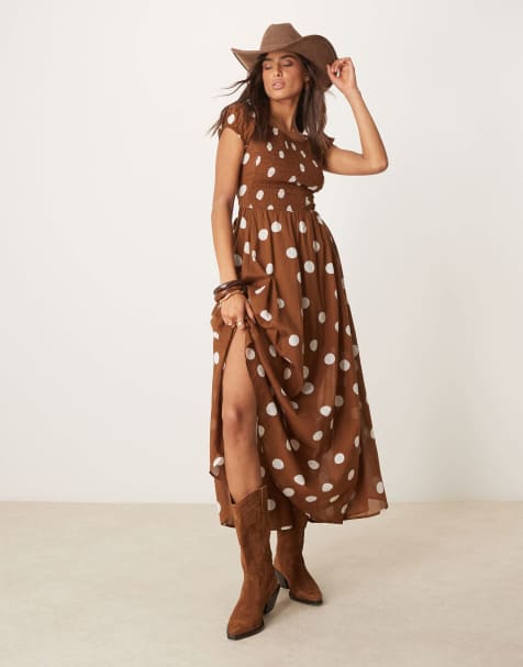 Free People – Ultraviolet – Wadenlanges Kleid in Eichenbraun mit Punktemuster und geraffter Brustpartie - view 1