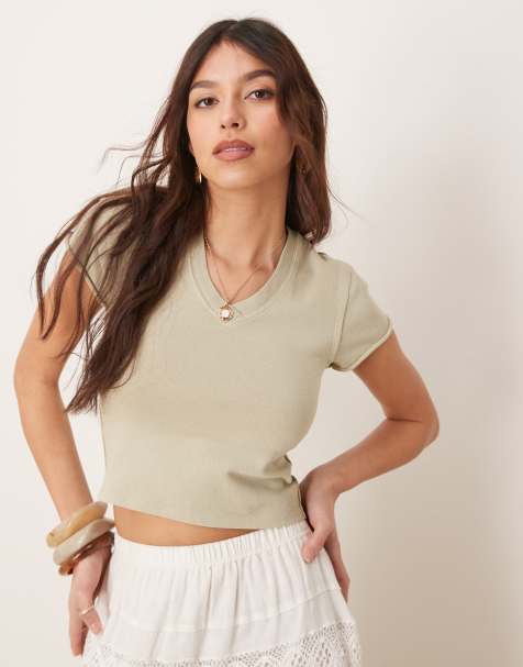 Free People v neck baby t-shirt in washed sage - view 1