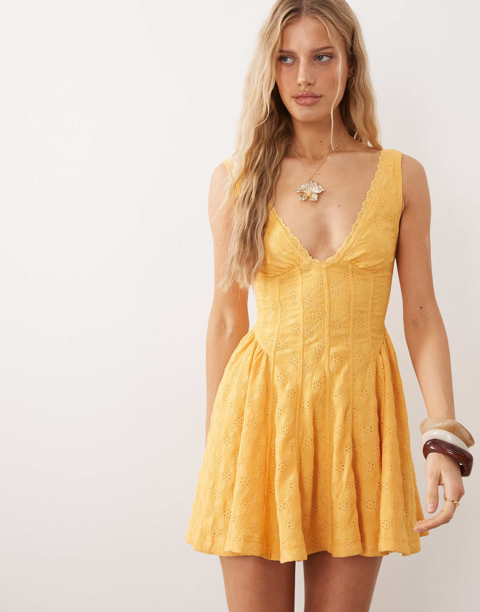 free people v neck corset style mini dress in yellow
