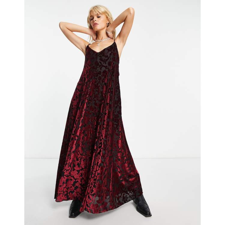 Free People v-neck flocked velvet maxi cami dress in deep red | ASOS