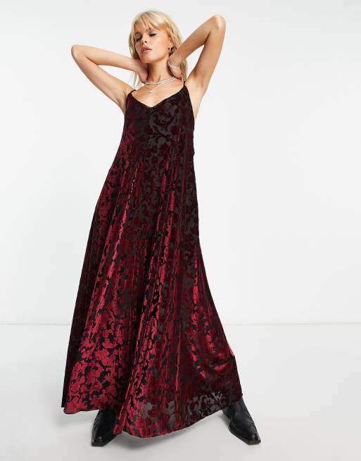 Free People V-neck flocked velvet maxi cami dress in deep red