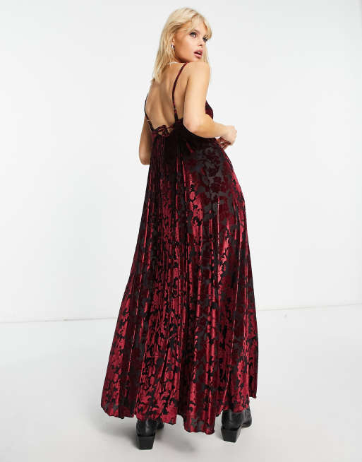 Free People V neck flocked velvet maxi cami dress in deep red