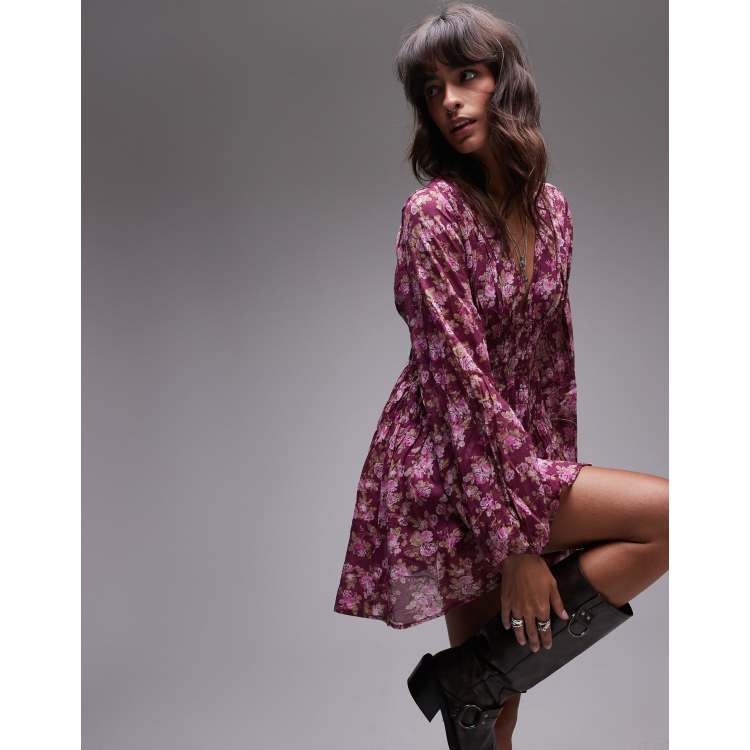 Free People v-neck floral mini dress in berry | ASOS