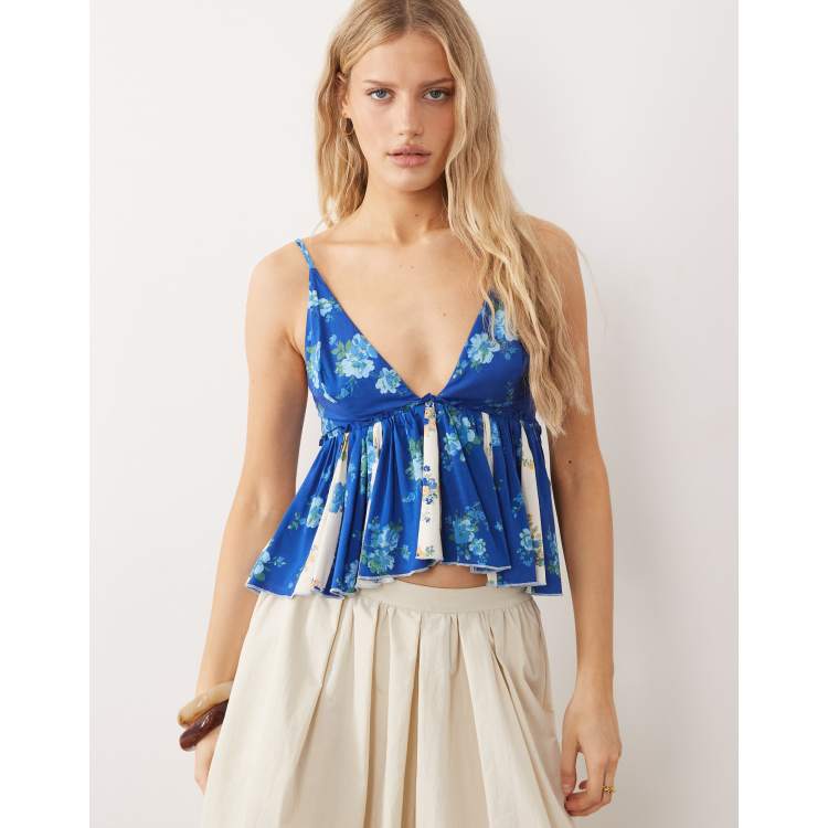 Free People v neck peplum cami top in blue combo | ASOS
