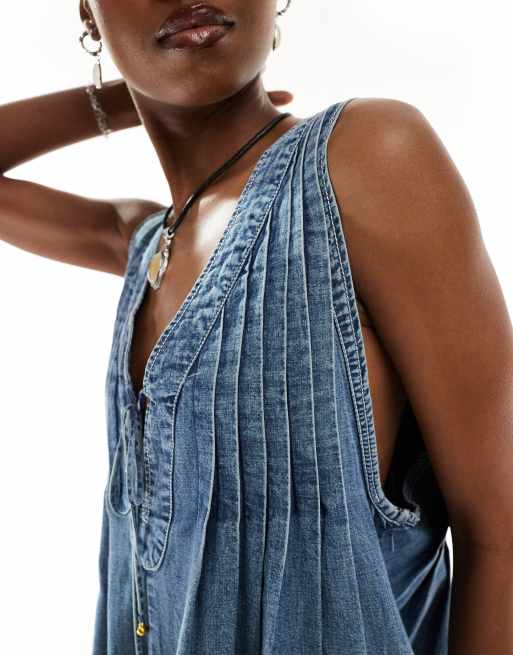 Free People v-neck tie front denim romper in mid wash
