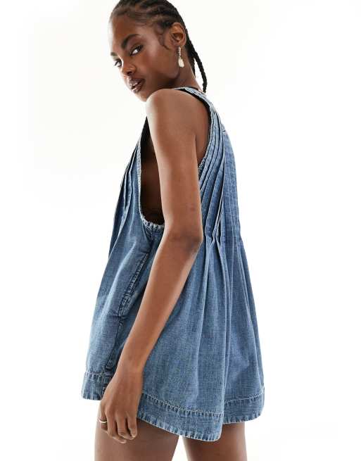 Free People v-neck tie front denim romper in mid wash