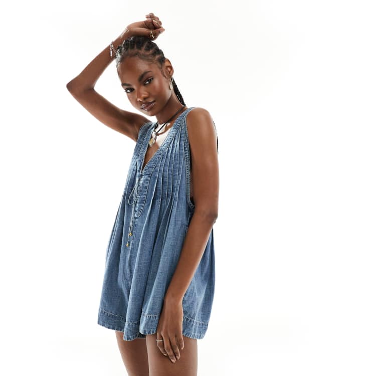 Free People v-neck tie front denim romper in mid wash | ASOS